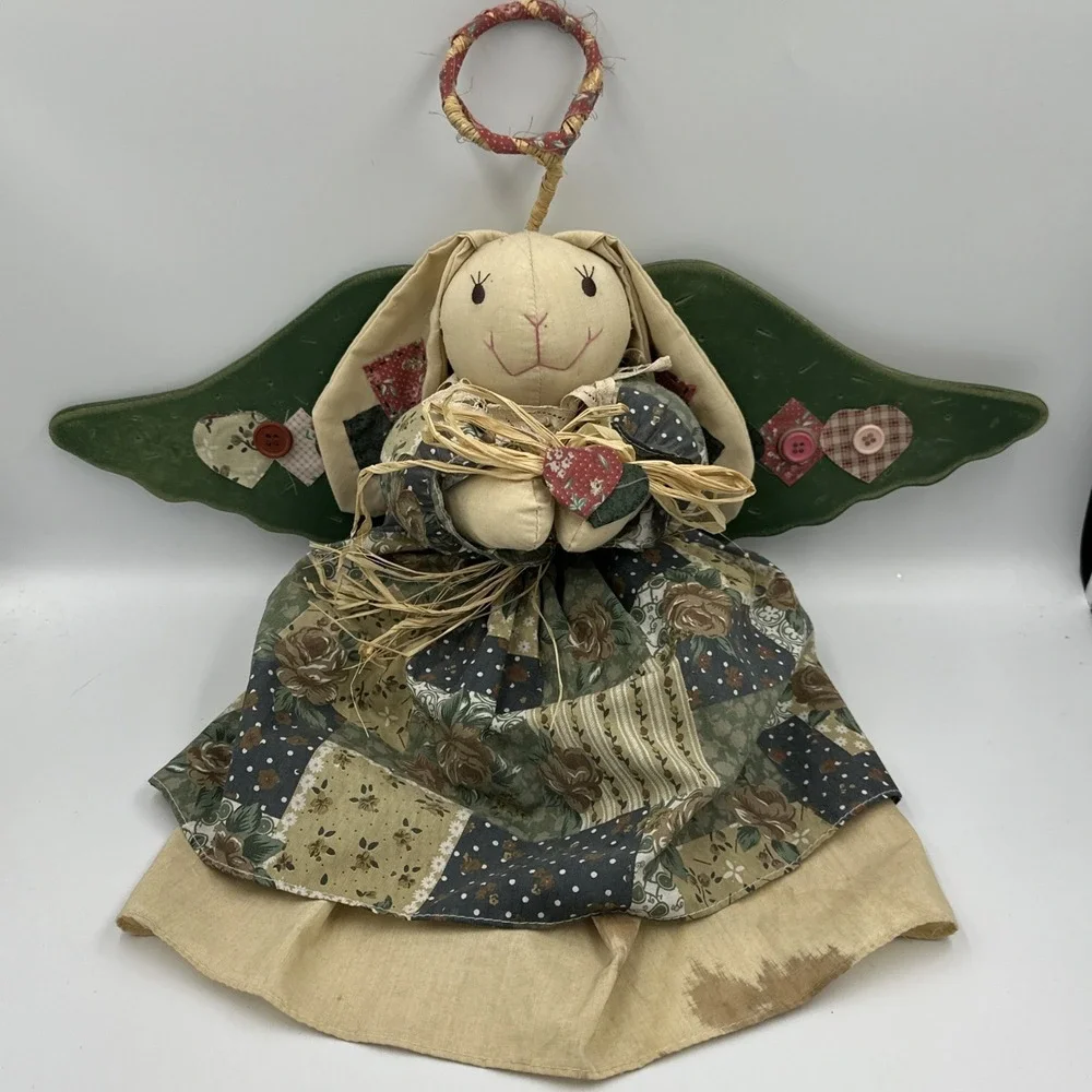 Primitive Angel BUNNY RABBIT Cloth Doll Wooden Wings Country Cottage Wall Hang
